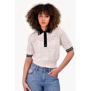 Burberry White/Black Perforated Check Knit Polo Crop Top Size S